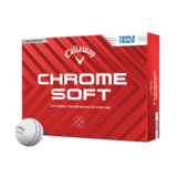 Callaway Chrome Soft Triple Track golfballen met logo, voorkant van de doos met de Callaway Chrome Soft Triple Track ervoor