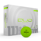 Groene Wilson Duo Soft golfballen met logo, voorkant van de doos met de golfbal ervoor