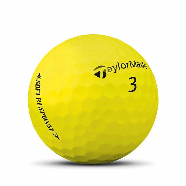 Gele Taylormade Speed Soft golfballen met logo, het logo van Taylormade afgebeeld op de bal