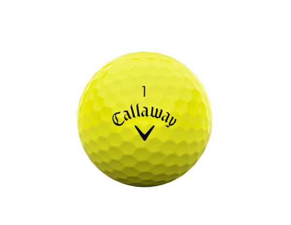 Gele Callaway Warbird golfballen met logo, het logo van Callaway afgebeeld op de bal