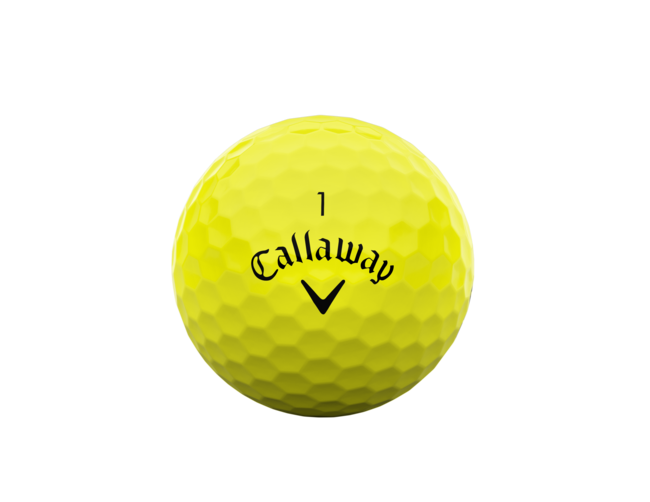 Gele Callaway Warbird golfballen met logo, het logo van Callaway afgebeeld op de bal