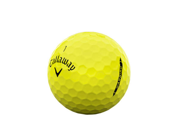 Gele Callaway Warbird golfballen met logo, het logo van Callaway afgebeeld op de bal met het lijntje op de golfbal