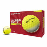 Gele Taylormade Speed Soft golfballen met logo, voorkant van de doos met de Taylormade ervoor