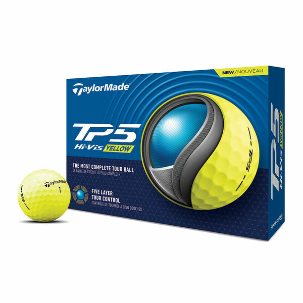 Gele Taylormade TP5 golfballen met logo, voorkant van de doos met de Taylormade TP5 ervoor